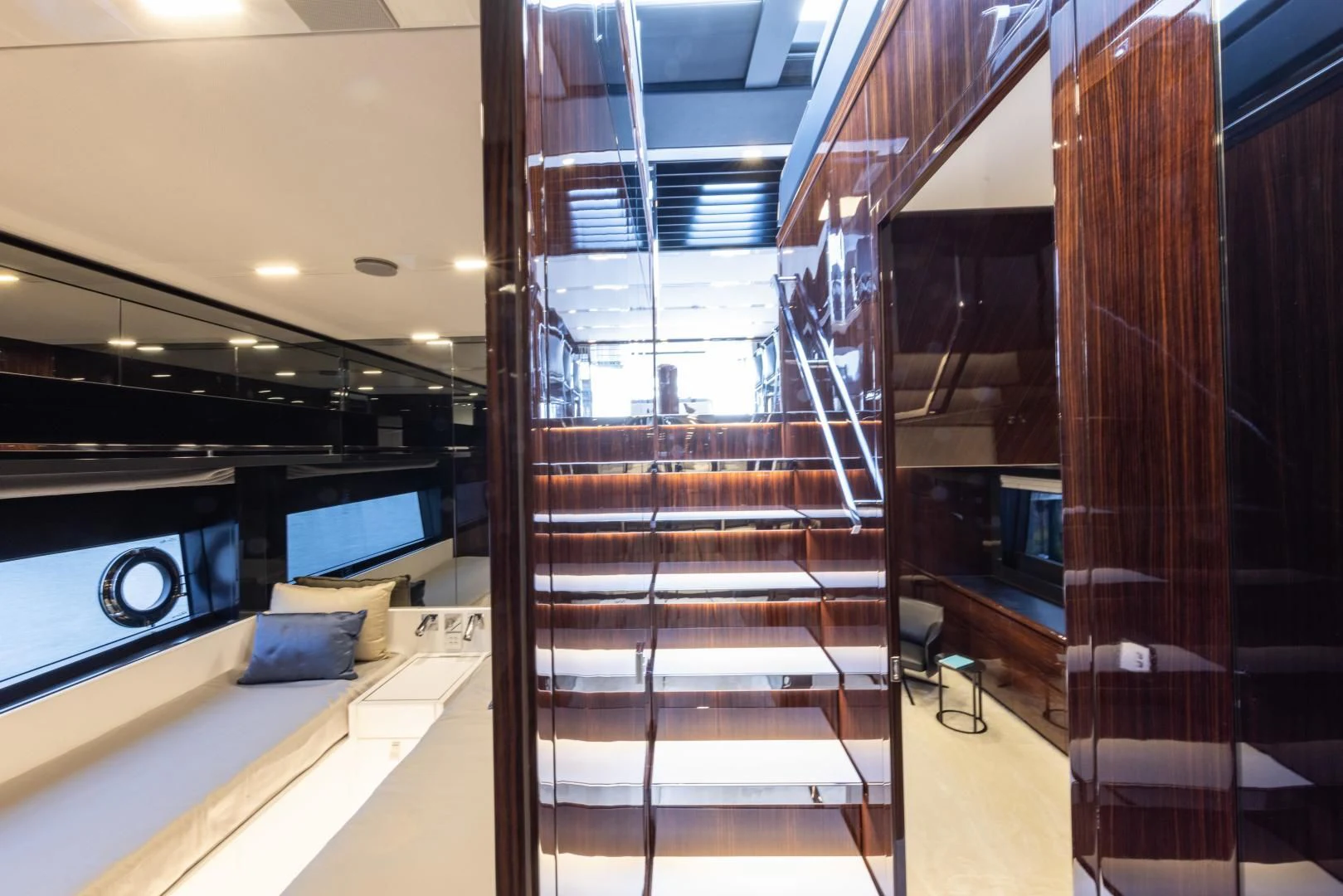 a room with a large glass door aboard OUR TRADE Yacht for Sale