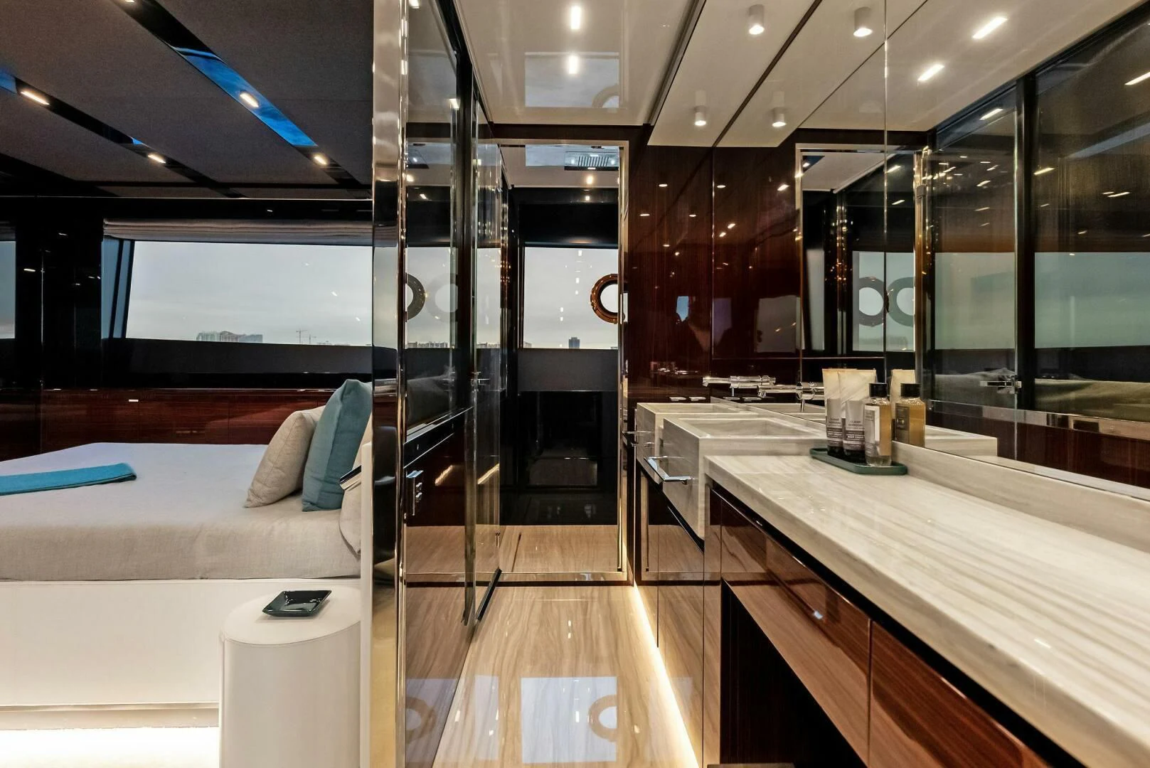 a room with a large glass wall aboard OUR TRADE Yacht for Sale