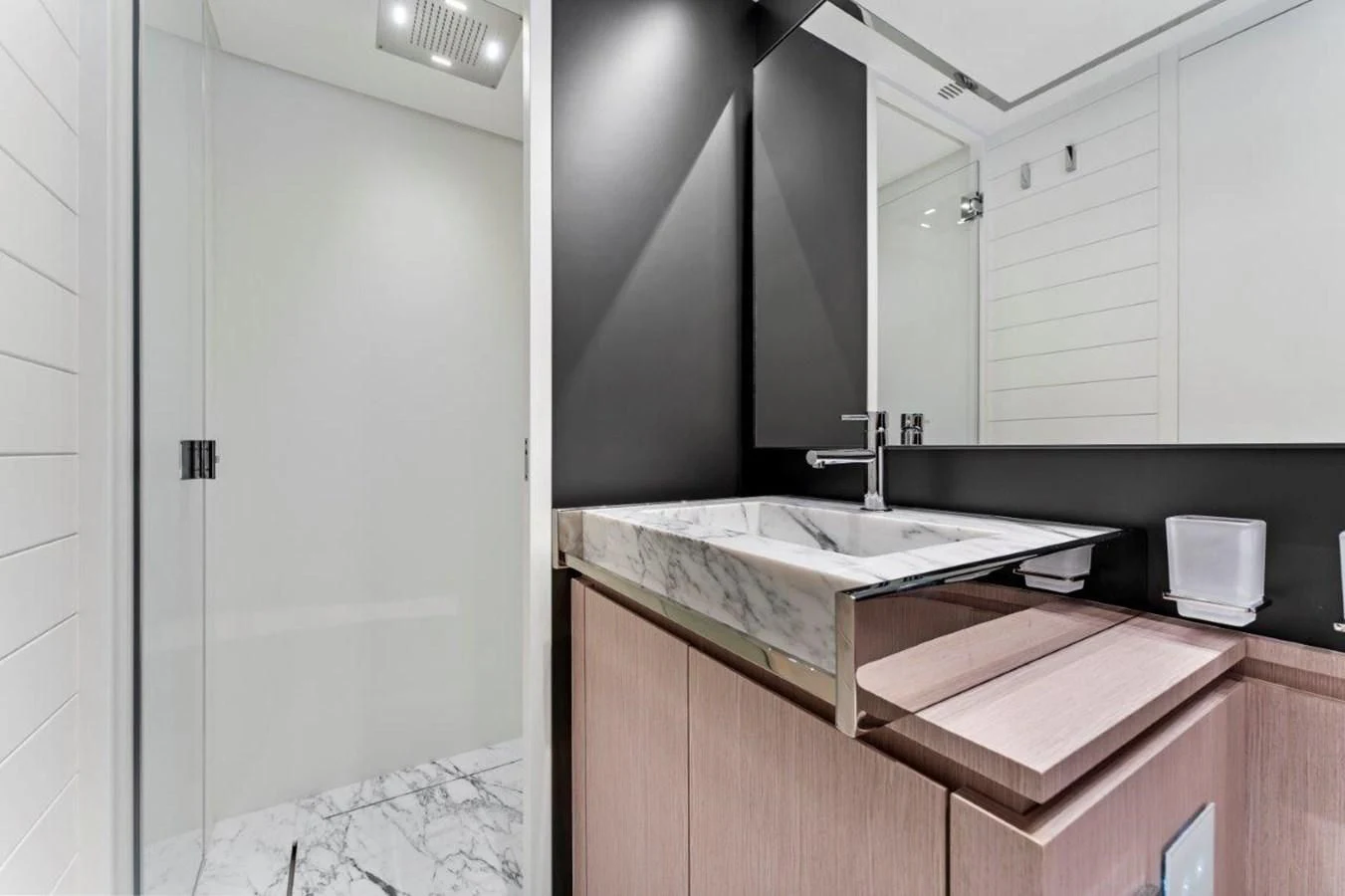 a kitchen with a sink and cabinets aboard OUR TRADE Yacht for Sale