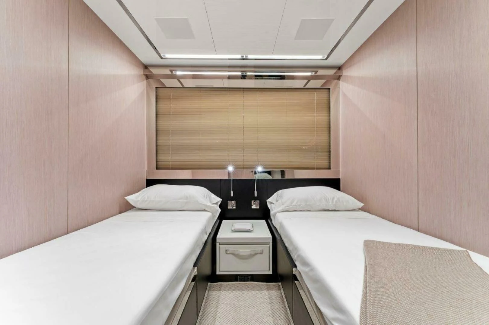 a room with two beds aboard OUR TRADE Yacht for Sale
