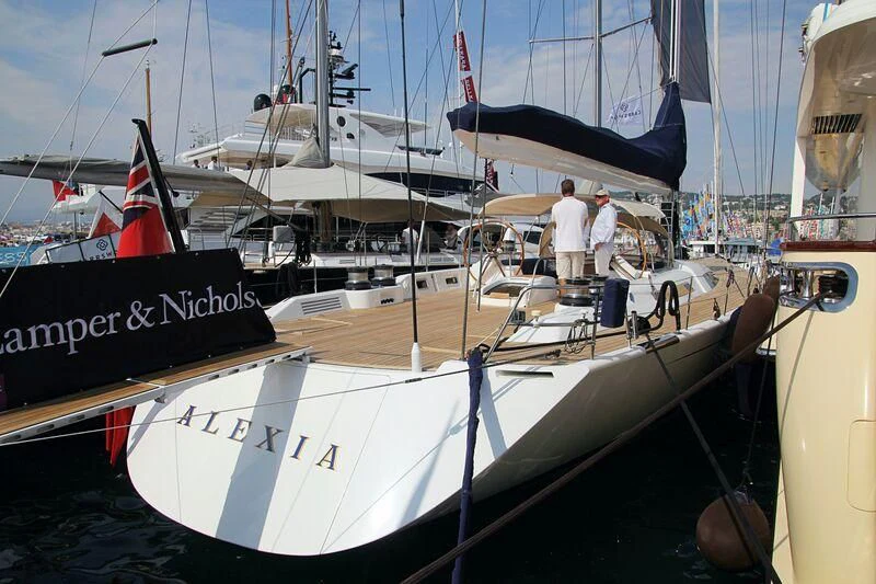 a boat with a sign on the front aboard ALEXIA Yacht for Sale