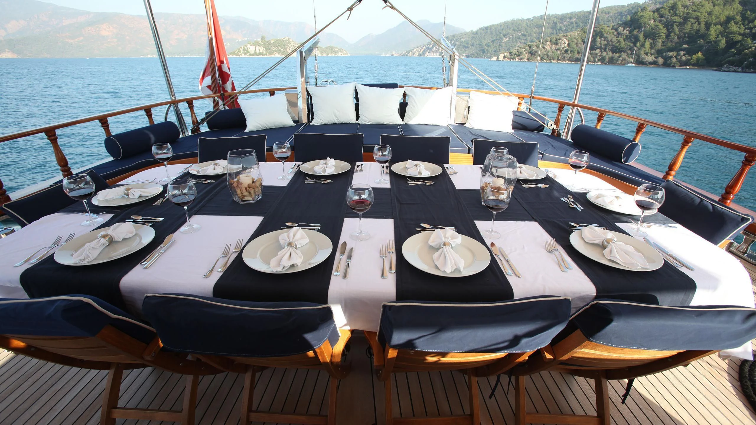 a table with plates and glasses on it aboard QUEEN OF DATCA Yacht for Charter