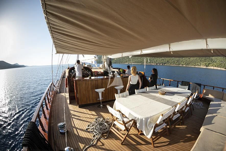 a group of people sitting on a boat on the water aboard QUEEN OF DATCA Yacht for Charter