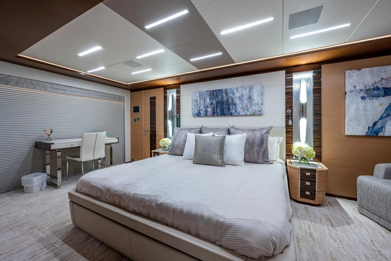a bed in a room aboard SEASUITE Yacht for Charter