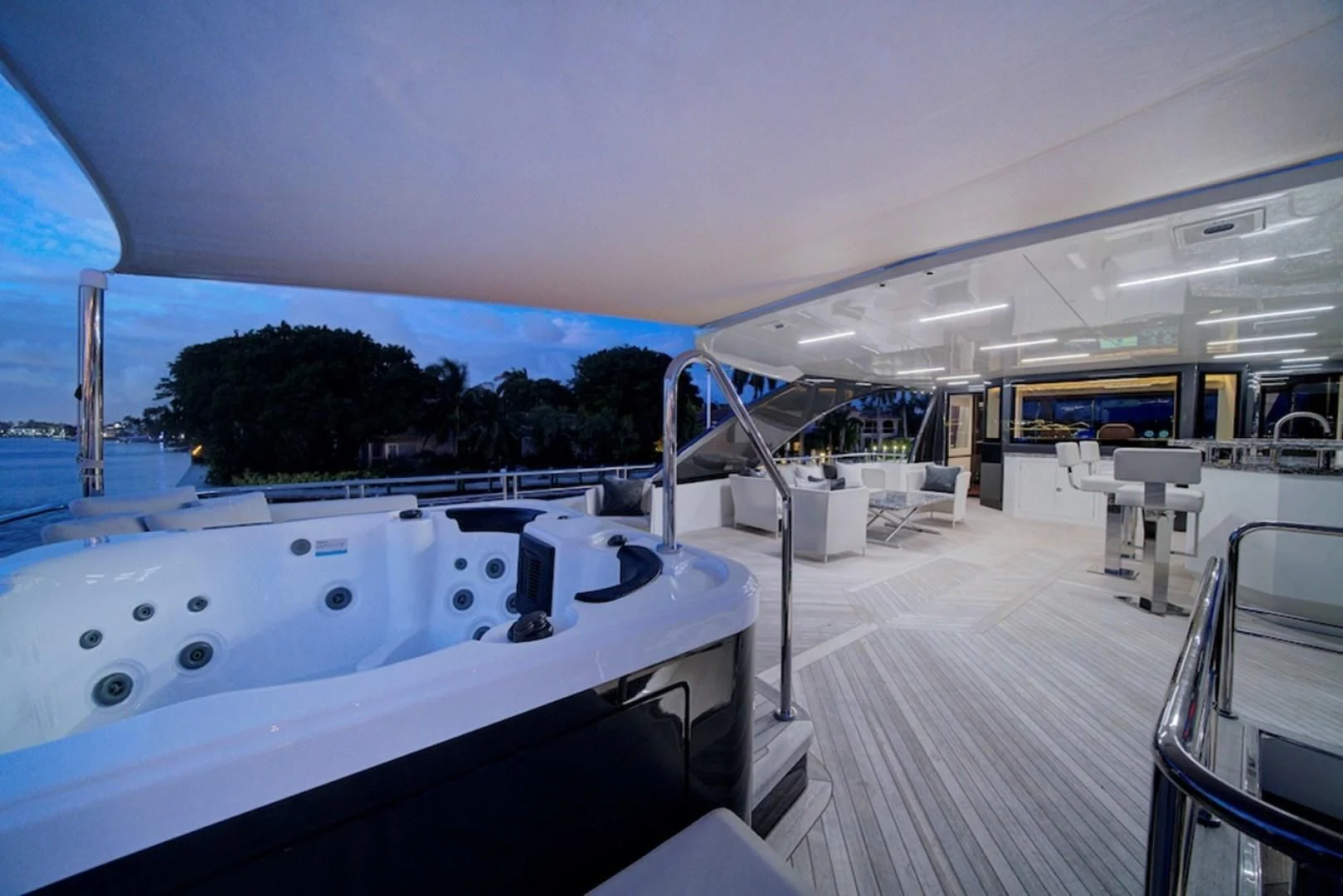 a large white boat in a large room aboard SEASUITE Yacht for Charter