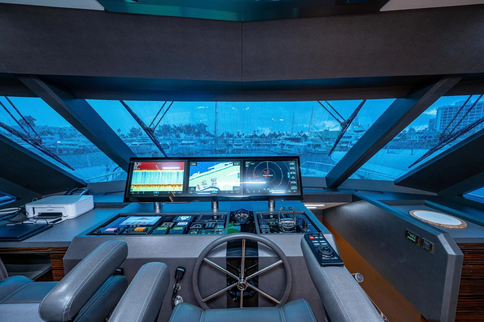 inside of a vehicle with screens aboard SEASUITE Yacht for Charter