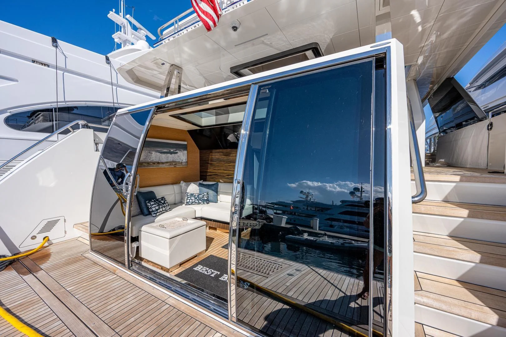 a large metal box with a glass door and a metal frame aboard SEASUITE Yacht for Charter