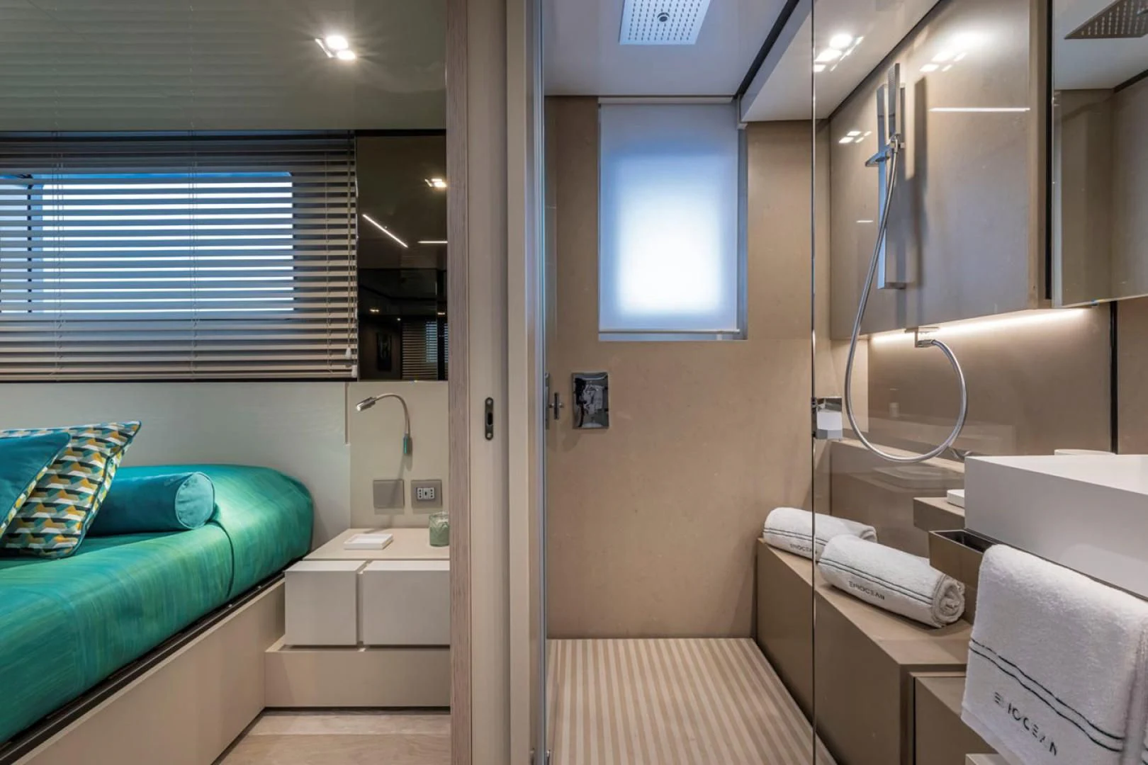a room with a bed and a window aboard 38M EXPLORER HULL 3 Yacht for Sale