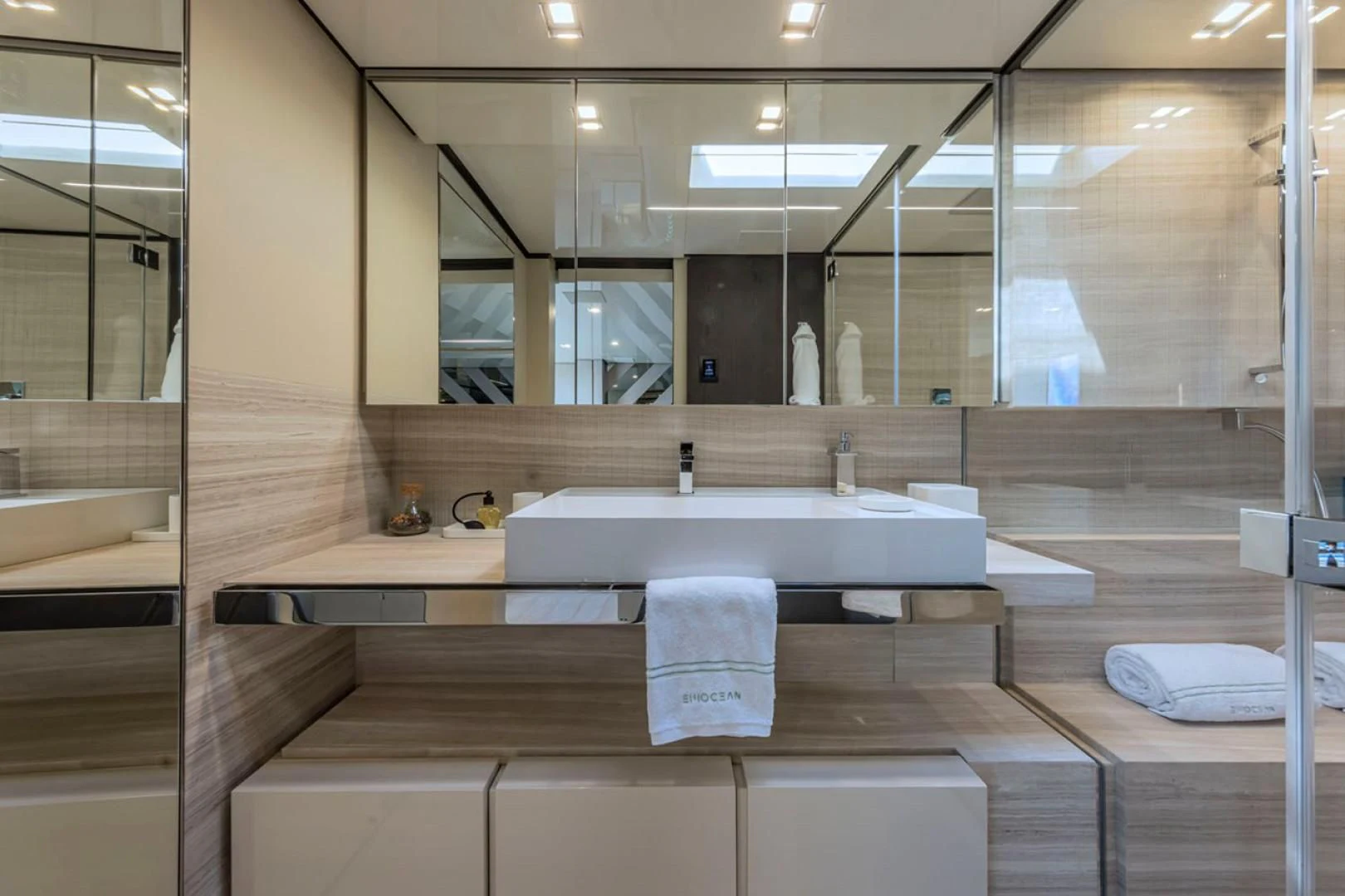 a bathroom with a large mirror aboard 38M EXPLORER HULL 3 Yacht for Sale