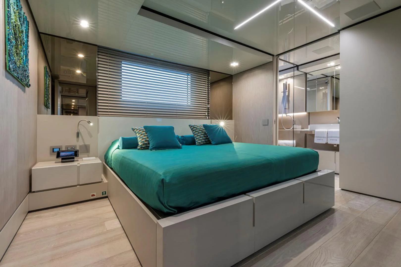 a bed in a room aboard 38M EXPLORER HULL 3 Yacht for Sale