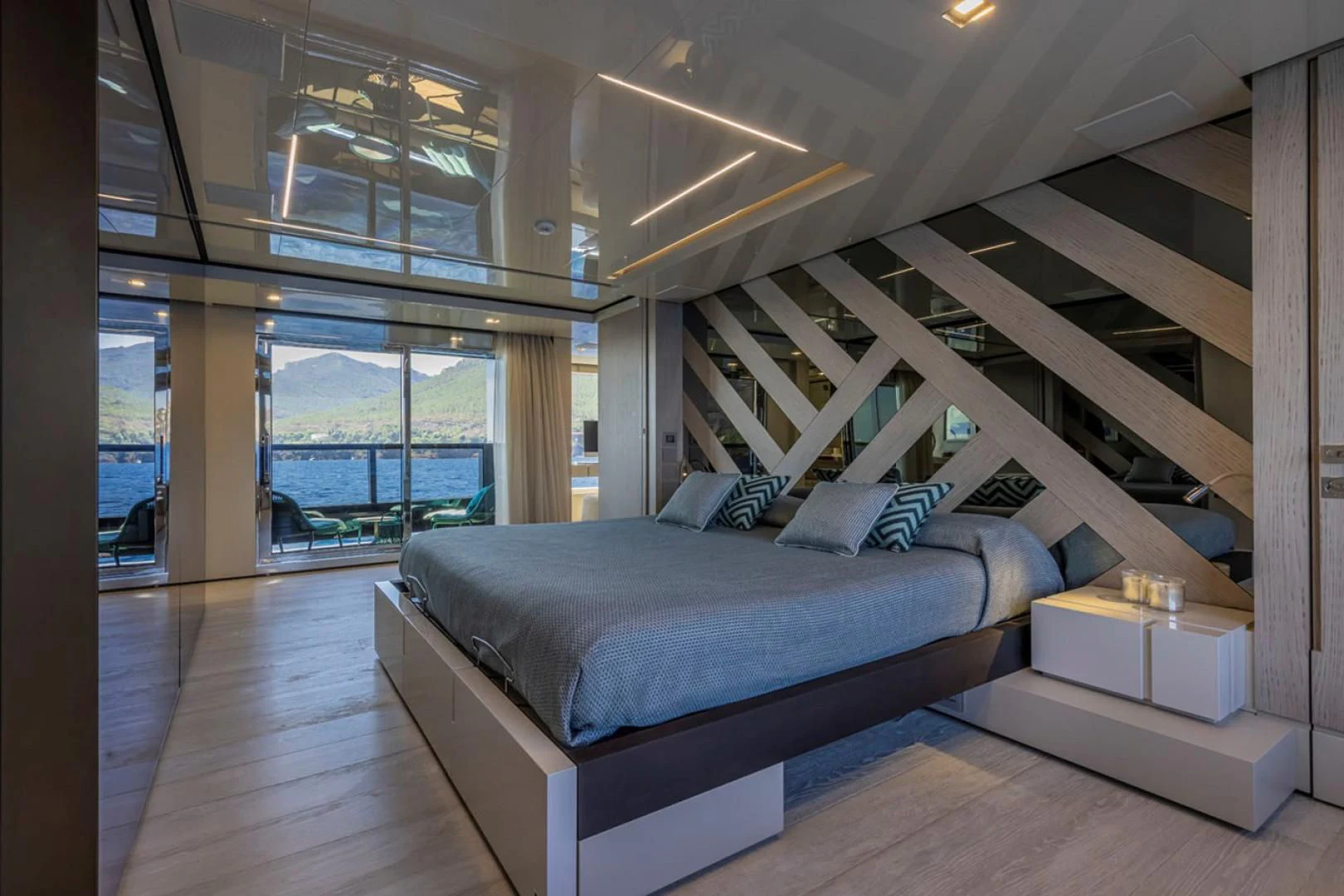 a bed in a room aboard 38M EXPLORER HULL 3 Yacht for Sale