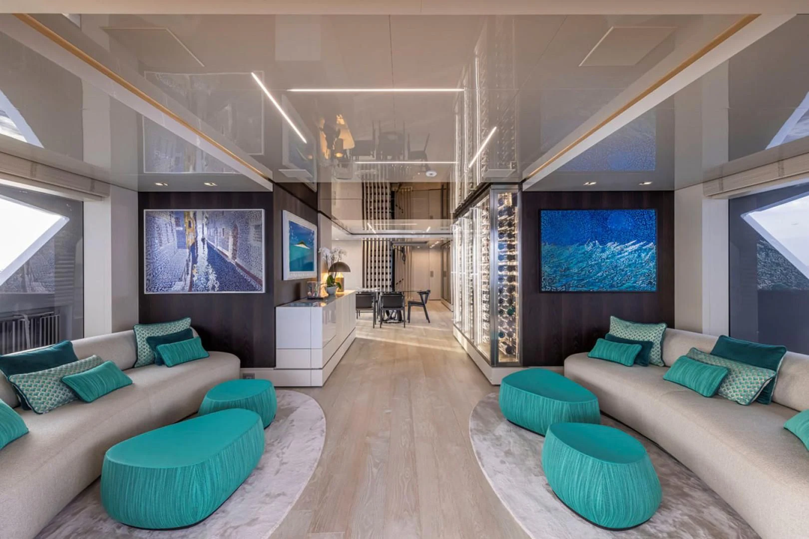 a living room with a large screen aboard 38M EXPLORER HULL 3 Yacht for Sale