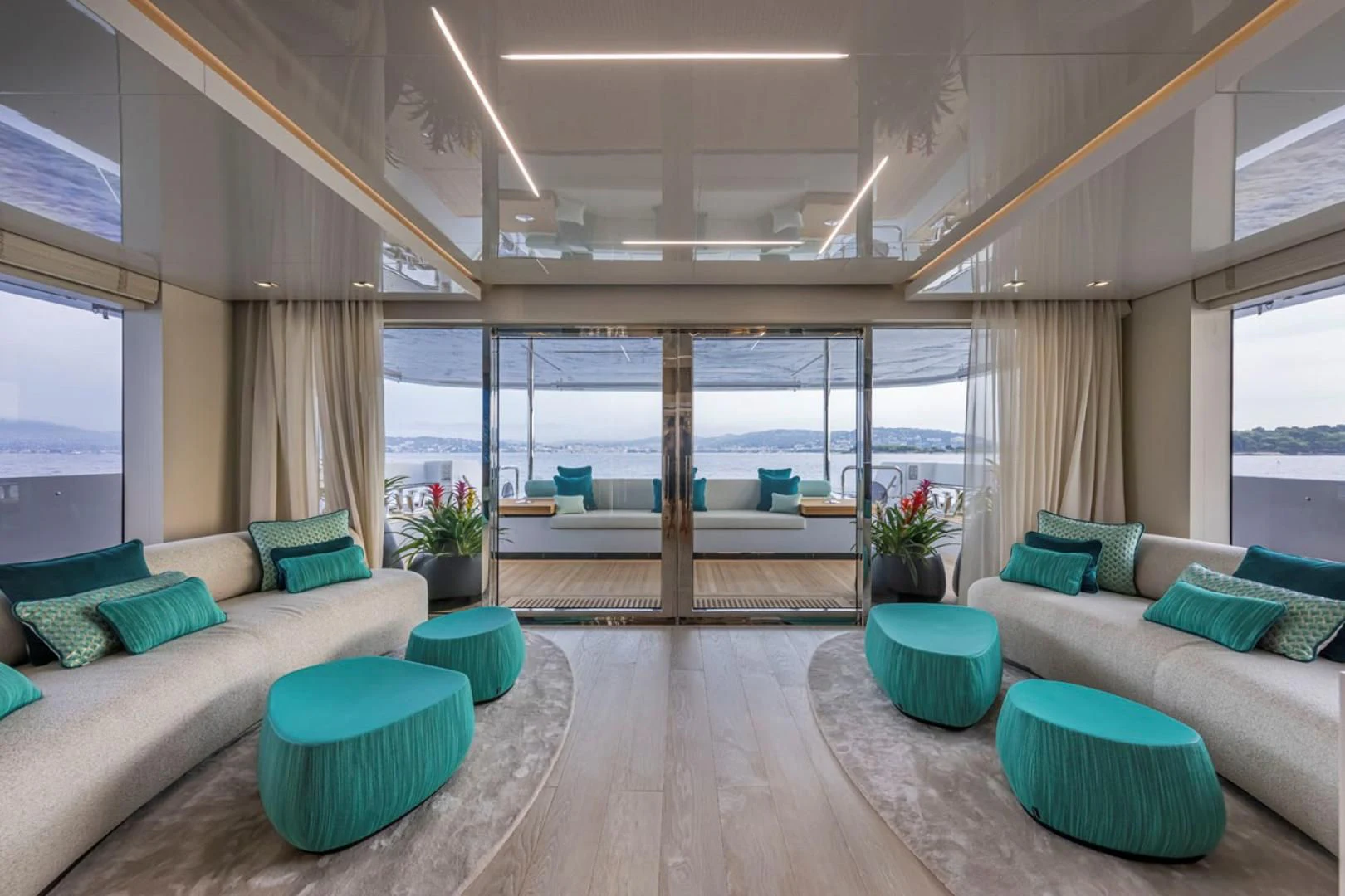a living room with a large window aboard 38M EXPLORER HULL 3 Yacht for Sale
