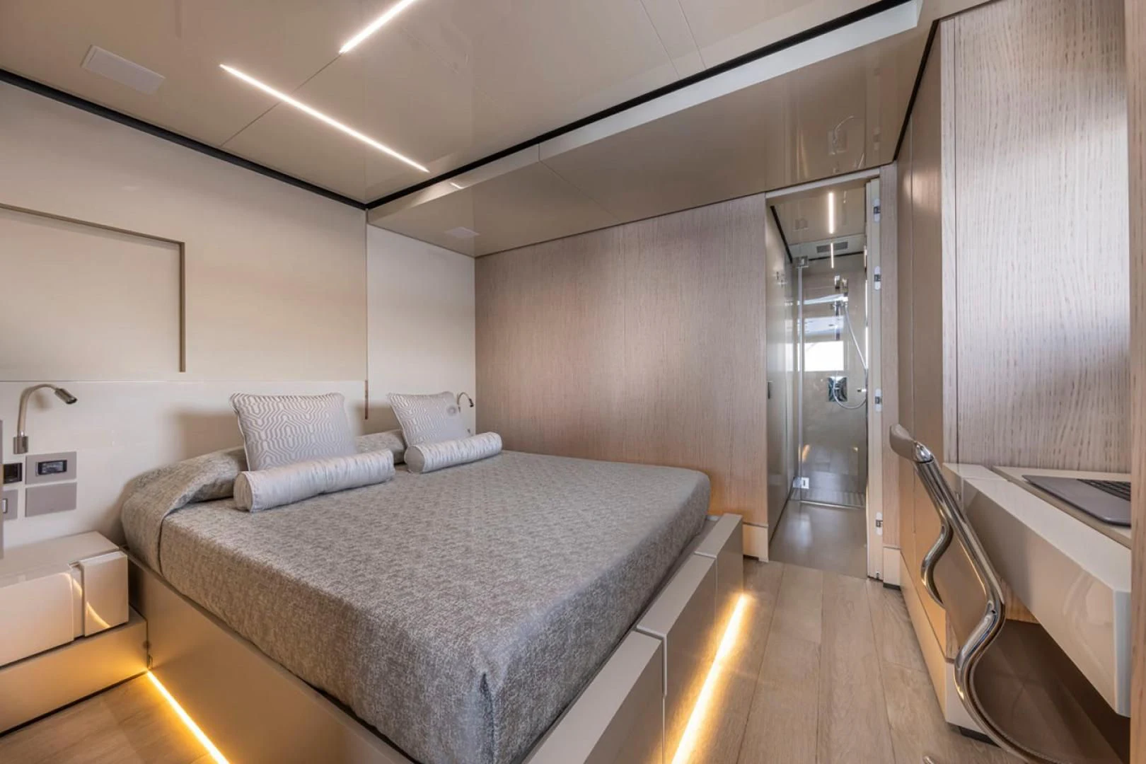 a bed in a room aboard 38M EXPLORER HULL 3 Yacht for Sale