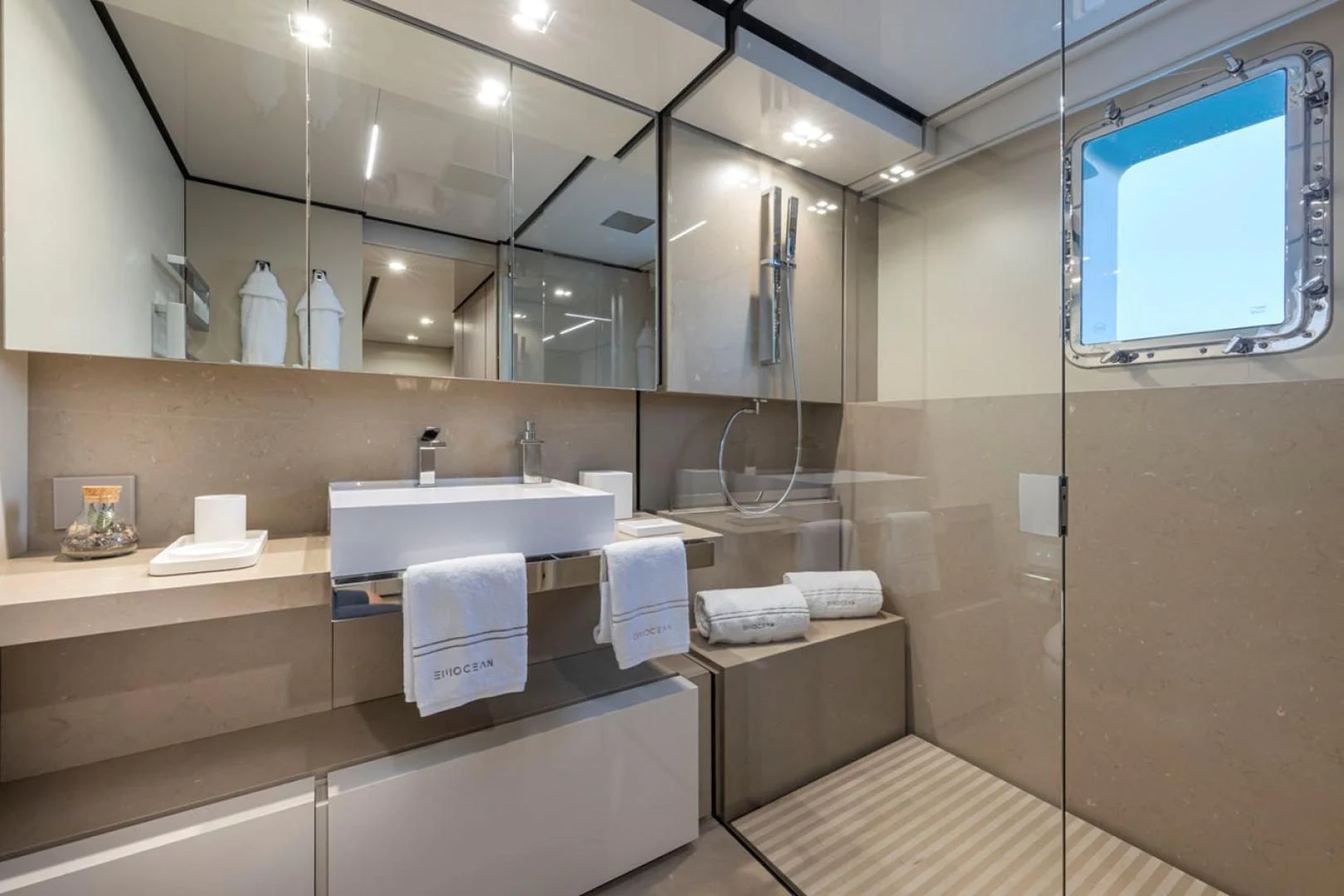 a bathroom with a large mirror aboard 38M EXPLORER HULL 3 Yacht for Sale