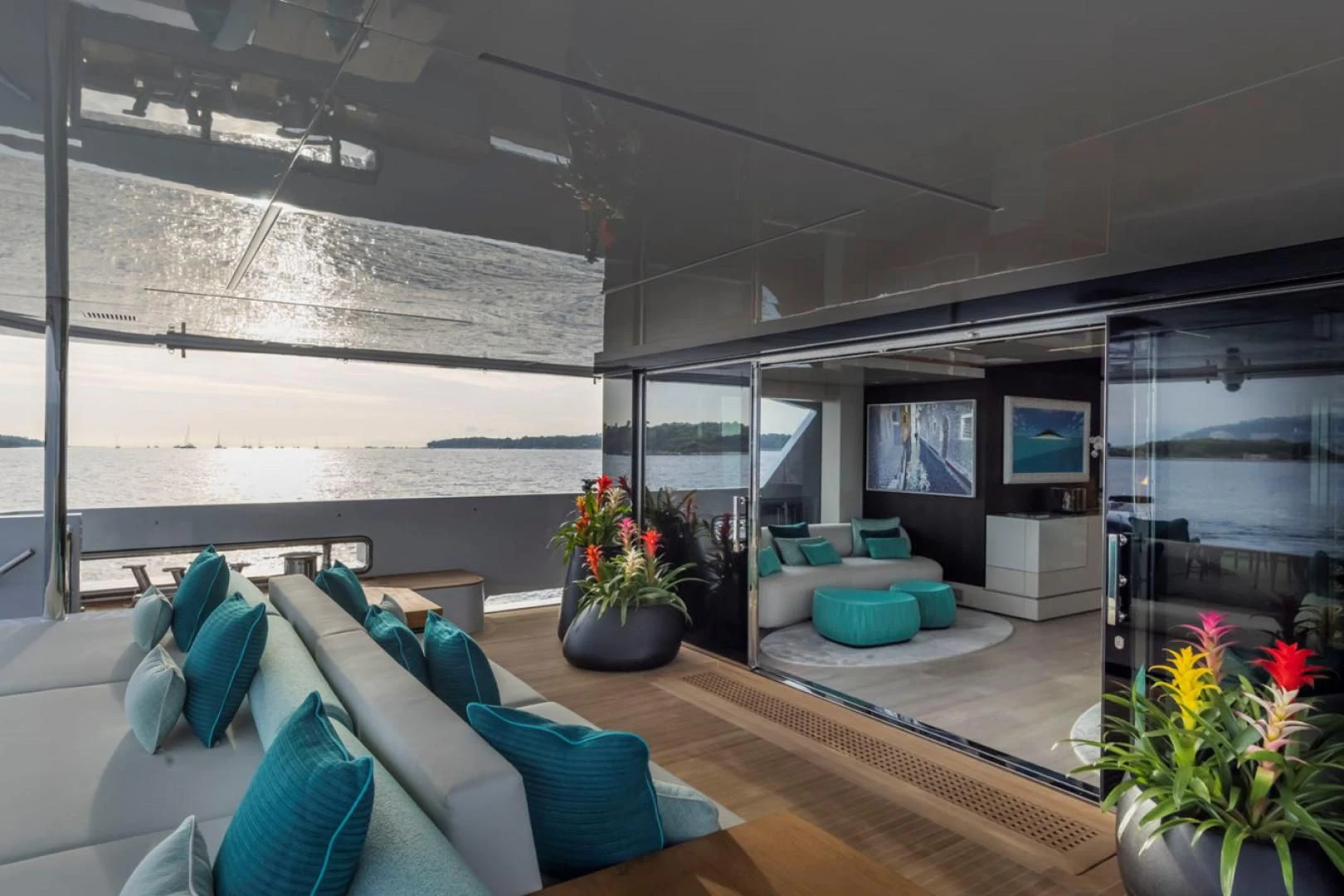 a modern living room with a large glass wall aboard 38M EXPLORER HULL 3 Yacht for Sale