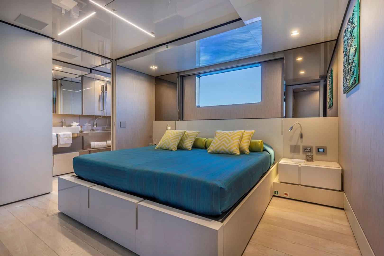 a bed in a room aboard 38M EXPLORER HULL 3 Yacht for Sale