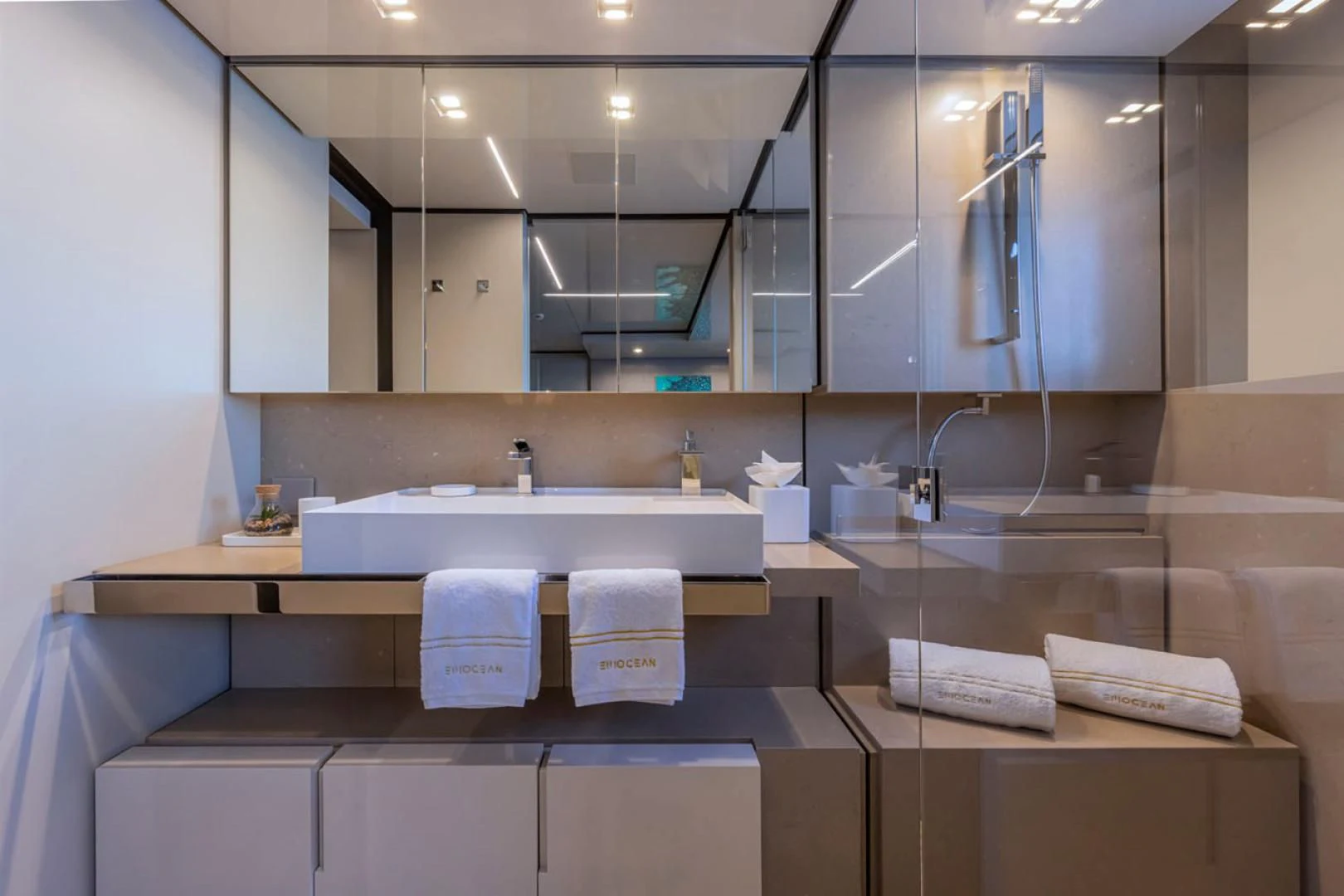 a bathroom with a sink and a mirror aboard 38M EXPLORER HULL 3 Yacht for Sale
