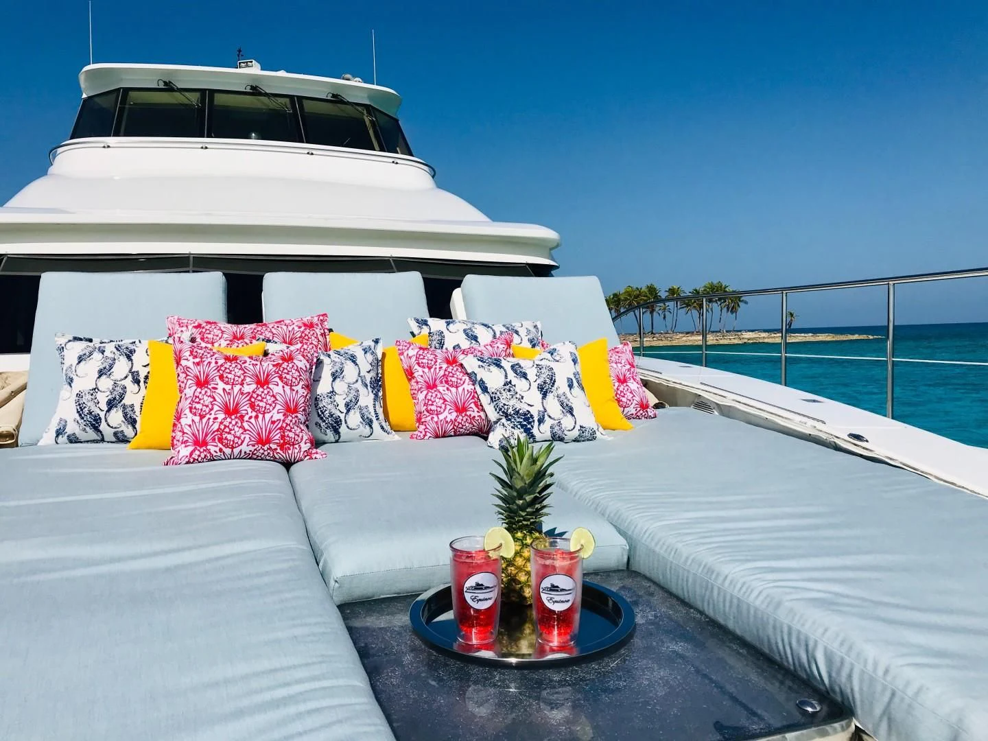 a white boat on a balcony aboard EQUINOX X Yacht for Sale