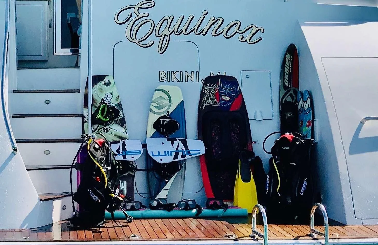 a group of snowboarders aboard EQUINOX X Yacht for Sale