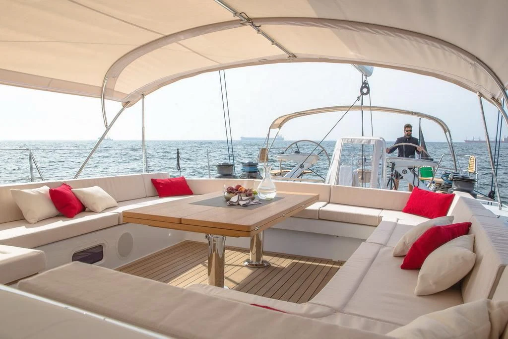 a boat with pillows and a table aboard ARAGON Yacht for Sale