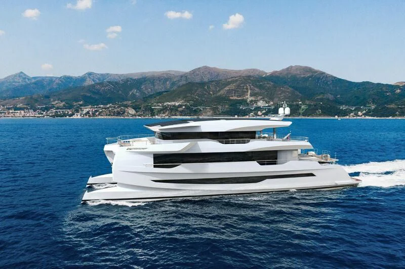 a white boat on the water aboard CAPRICA Yacht for Sale