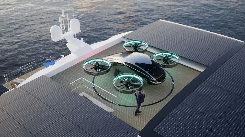 a person standing on a deck with a satellite dish on it aboard CAPRICA Yacht for Sale