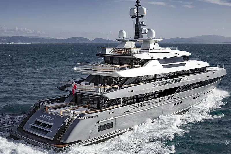a large ship on the water aboard ATTILA Yacht for Sale