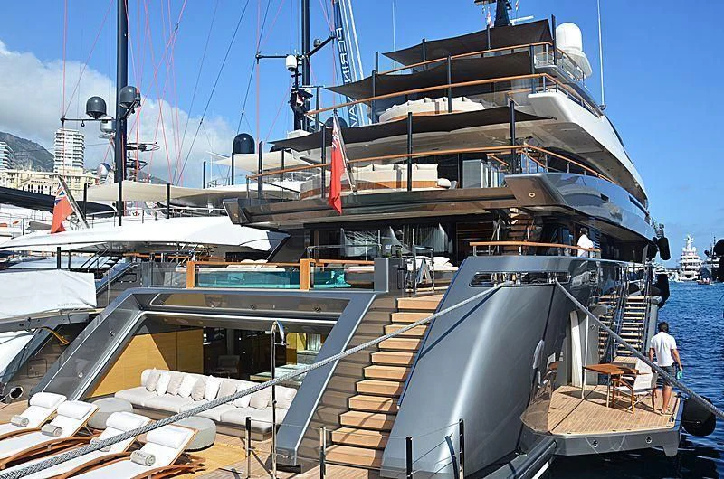 a boat docked at a pier aboard ATTILA Yacht for Sale