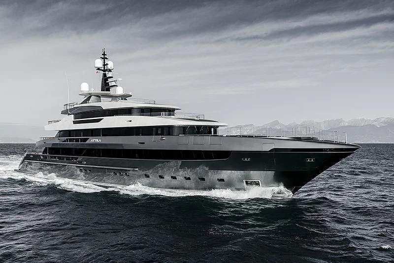 a large ship in the water aboard ATTILA Yacht for Sale