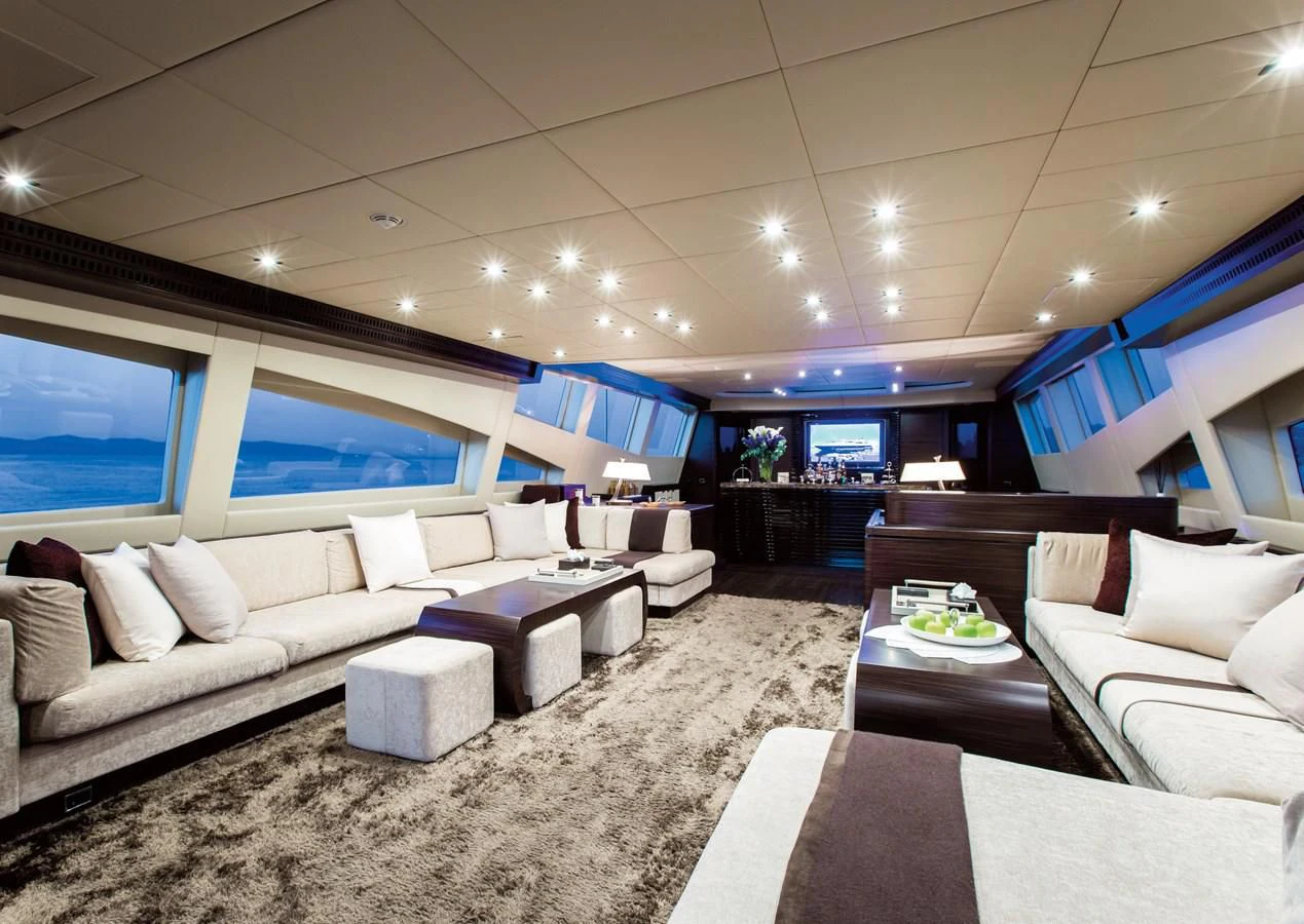 a living room with a large window aboard GENESIS Yacht for Sale