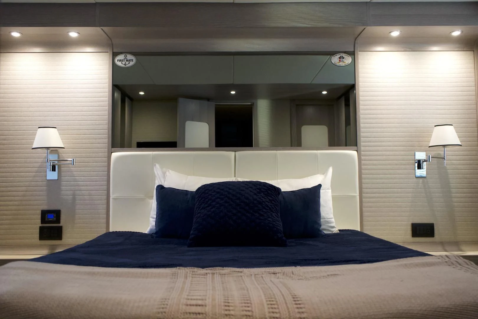 a bed in a room aboard RAINBOW GODDESS Yacht for Sale