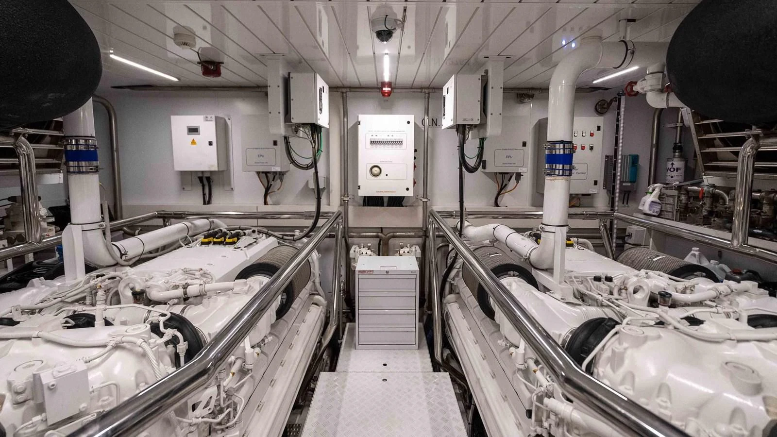 a room with many white pipes aboard 106 FLYBRIDGE Yacht for Sale