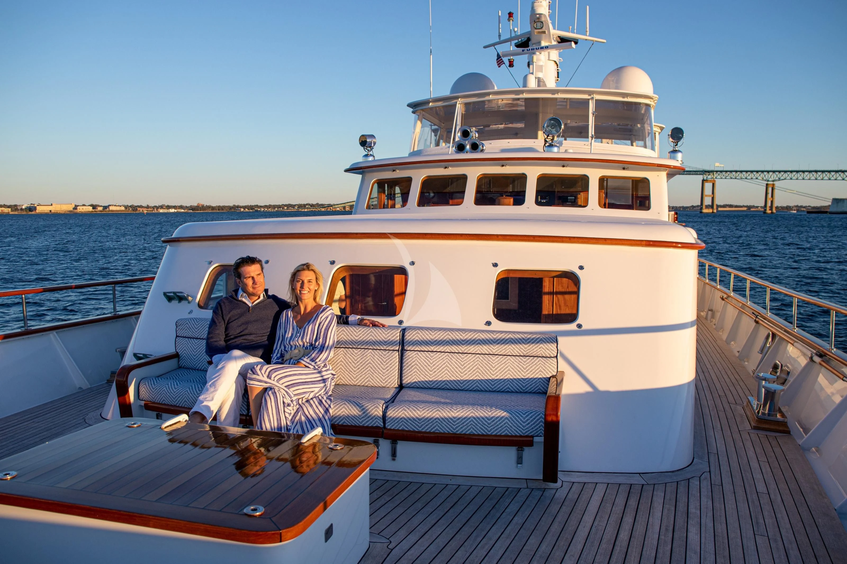 a couple sitting on a boat aboard MARYBELLE Yacht for Sale