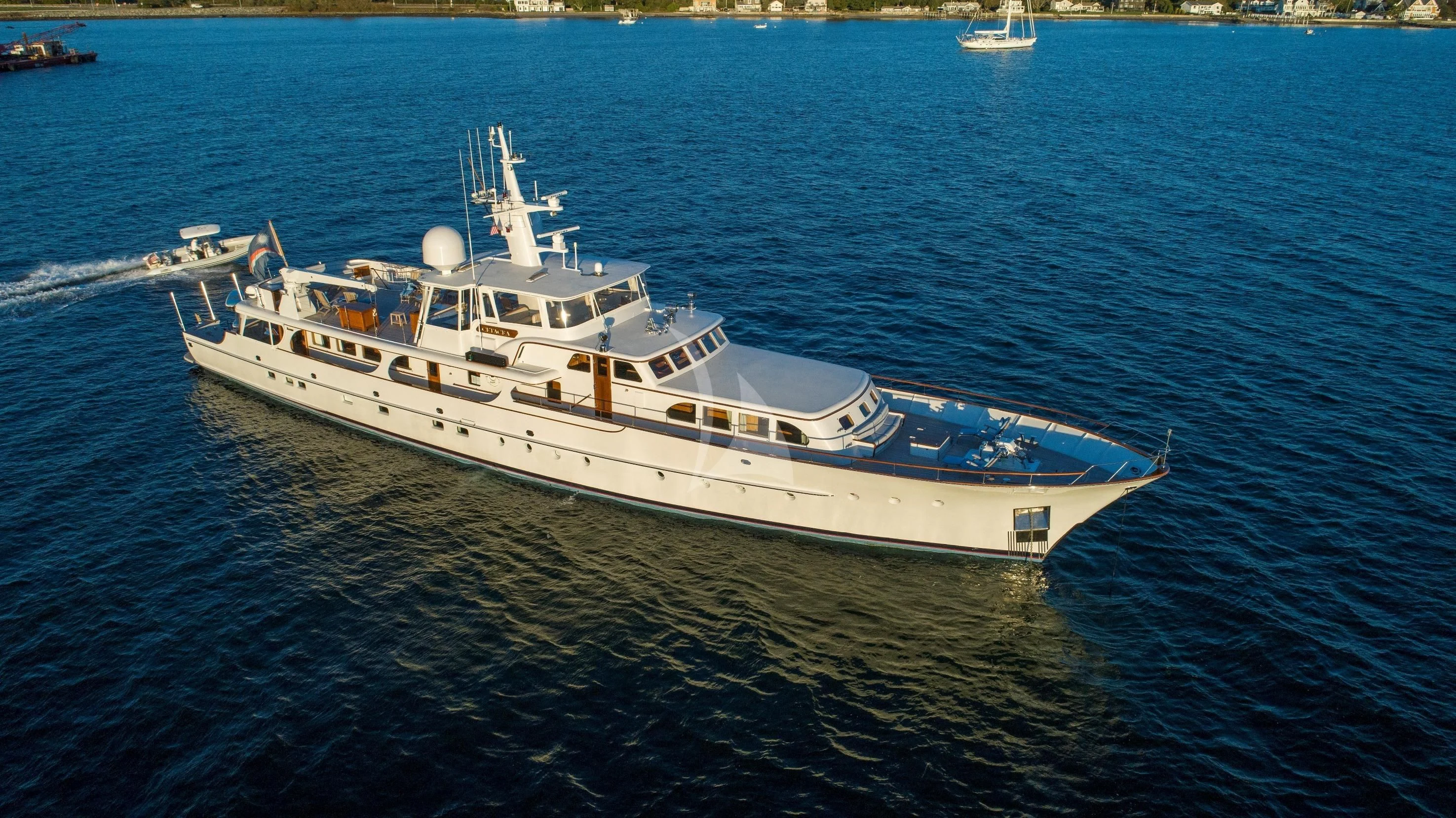 a large white ship on the water aboard MARYBELLE Yacht for Sale
