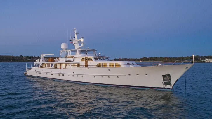 a large white boat on the water aboard MARYBELLE Yacht for Sale
