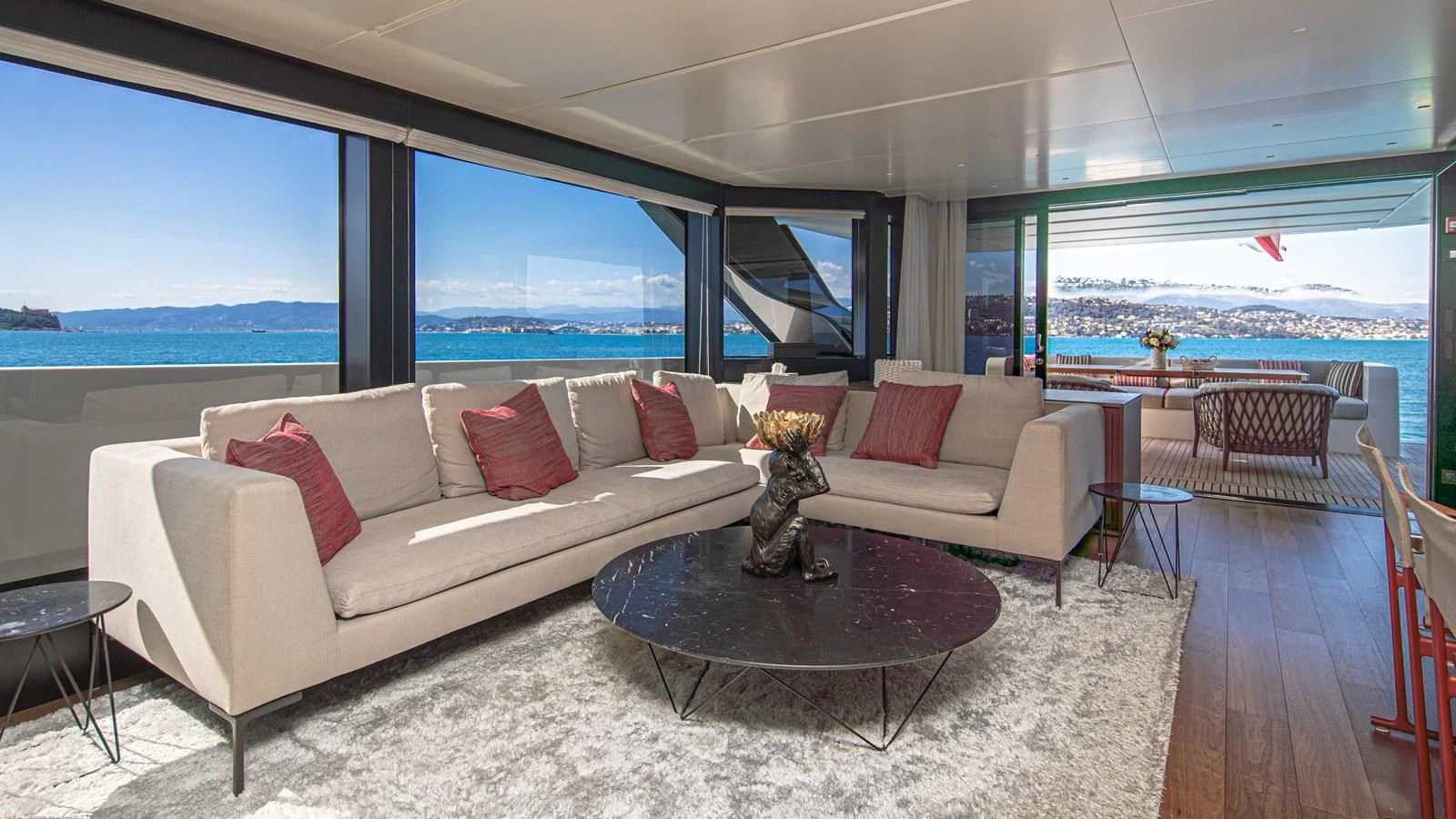 a living room with a large window aboard SSL Yacht for Sale