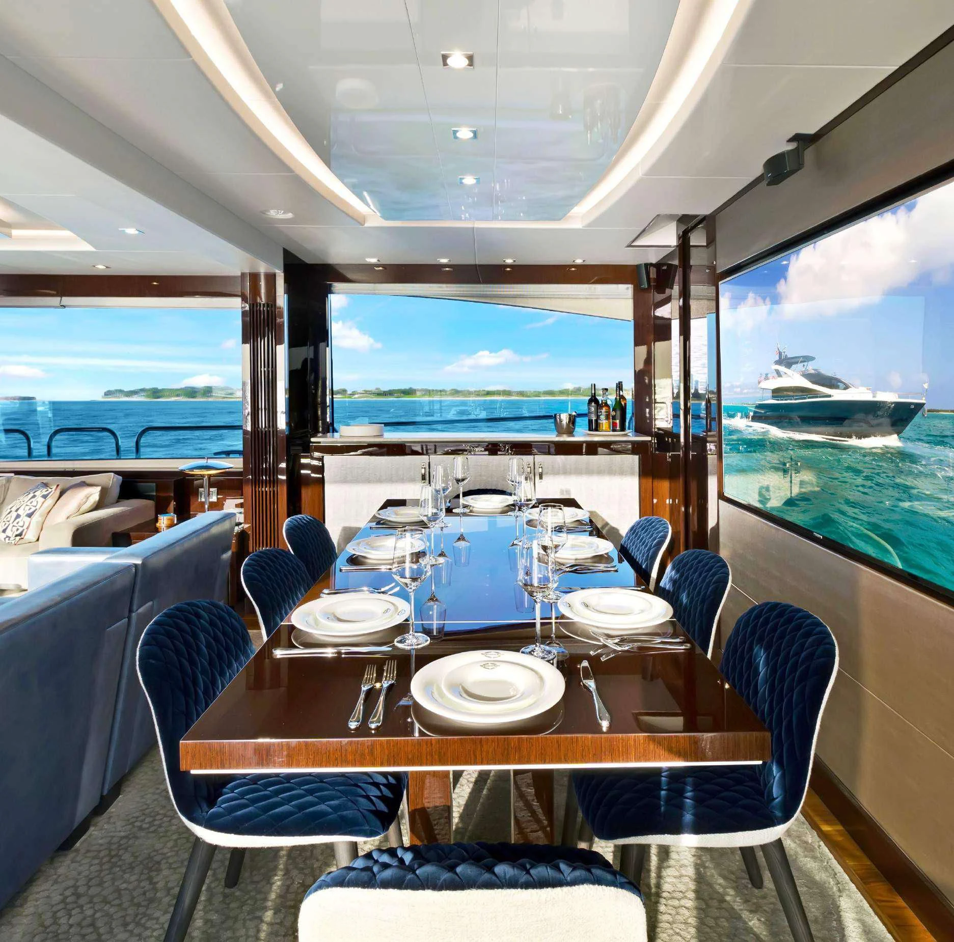 a restaurant with a large window aboard SYNERGY Yacht for Sale