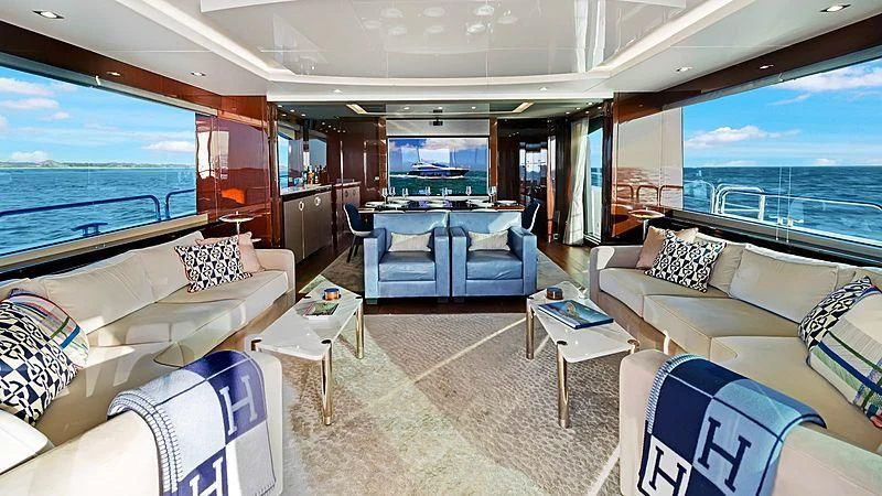 a living room with a large window aboard SYNERGY Yacht for Sale