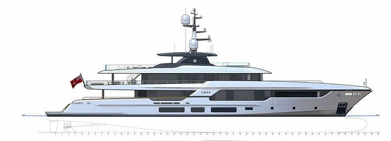 a large ship with a flag on the front aboard ENZO Yacht for Sale