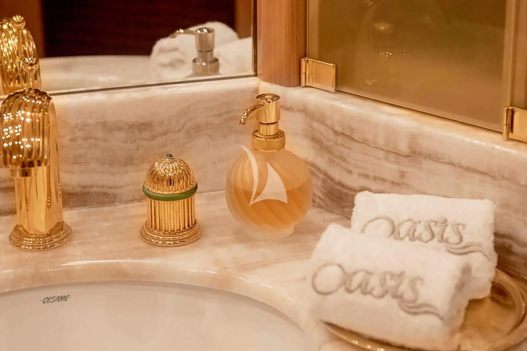a bathroom with a sink and a mirror aboard OASIS Yacht for Sale