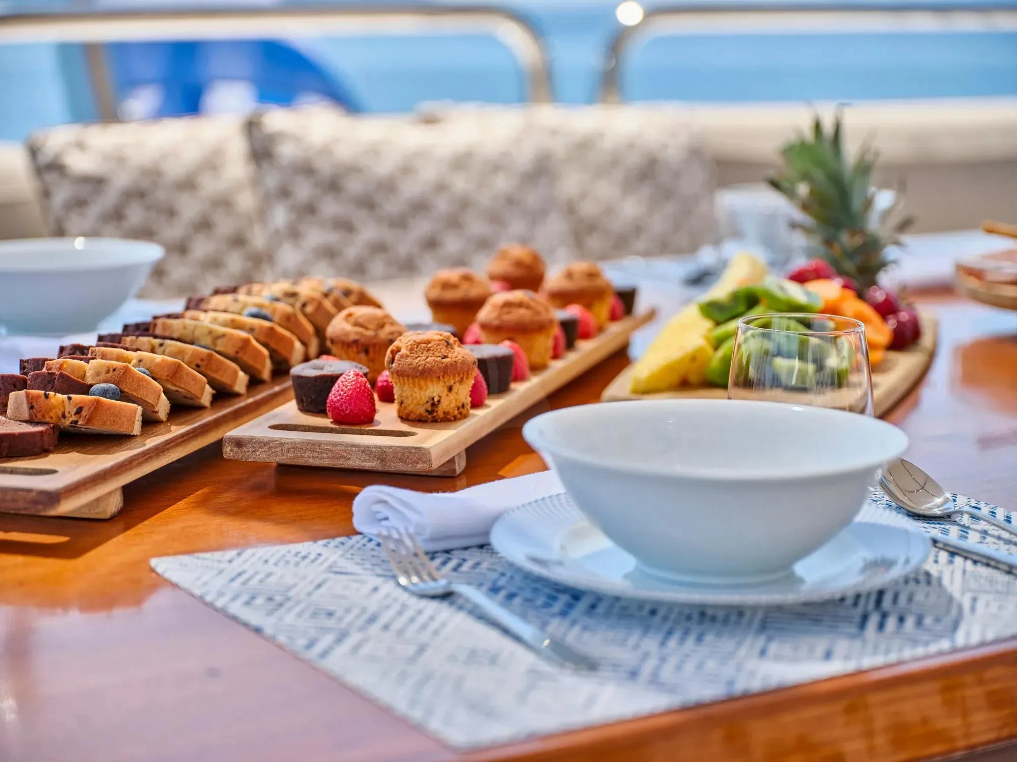 a table with food on it aboard OASIS Yacht for Sale