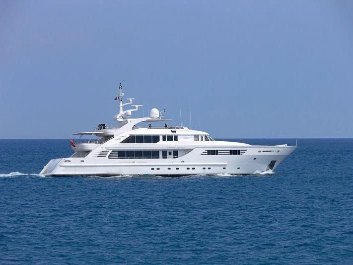 a white yacht in the water aboard OASIS Yacht for Sale