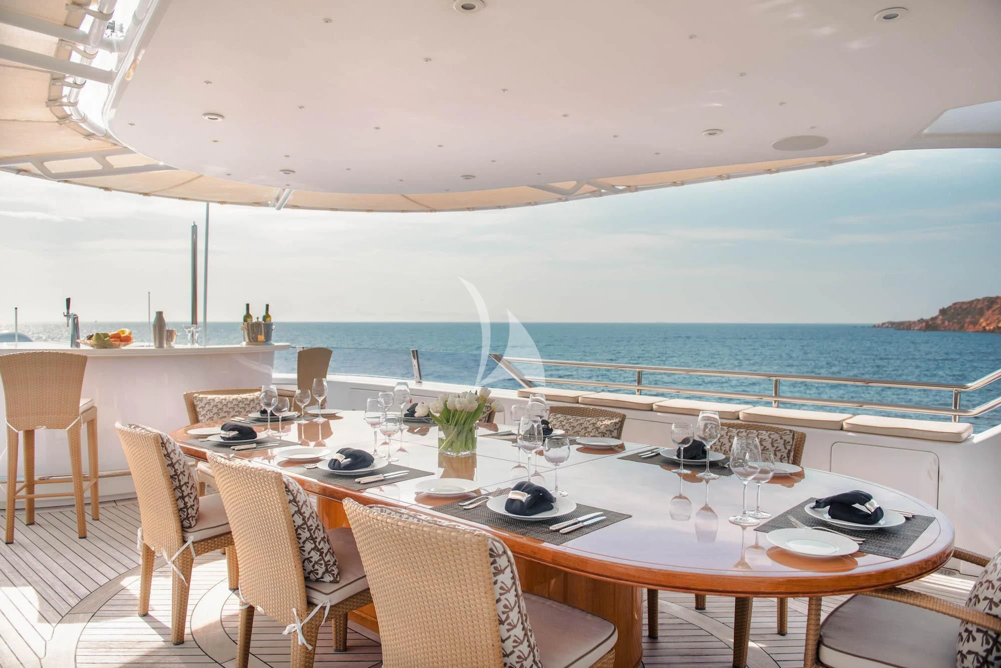 a table set for a meal aboard OASIS Yacht for Sale