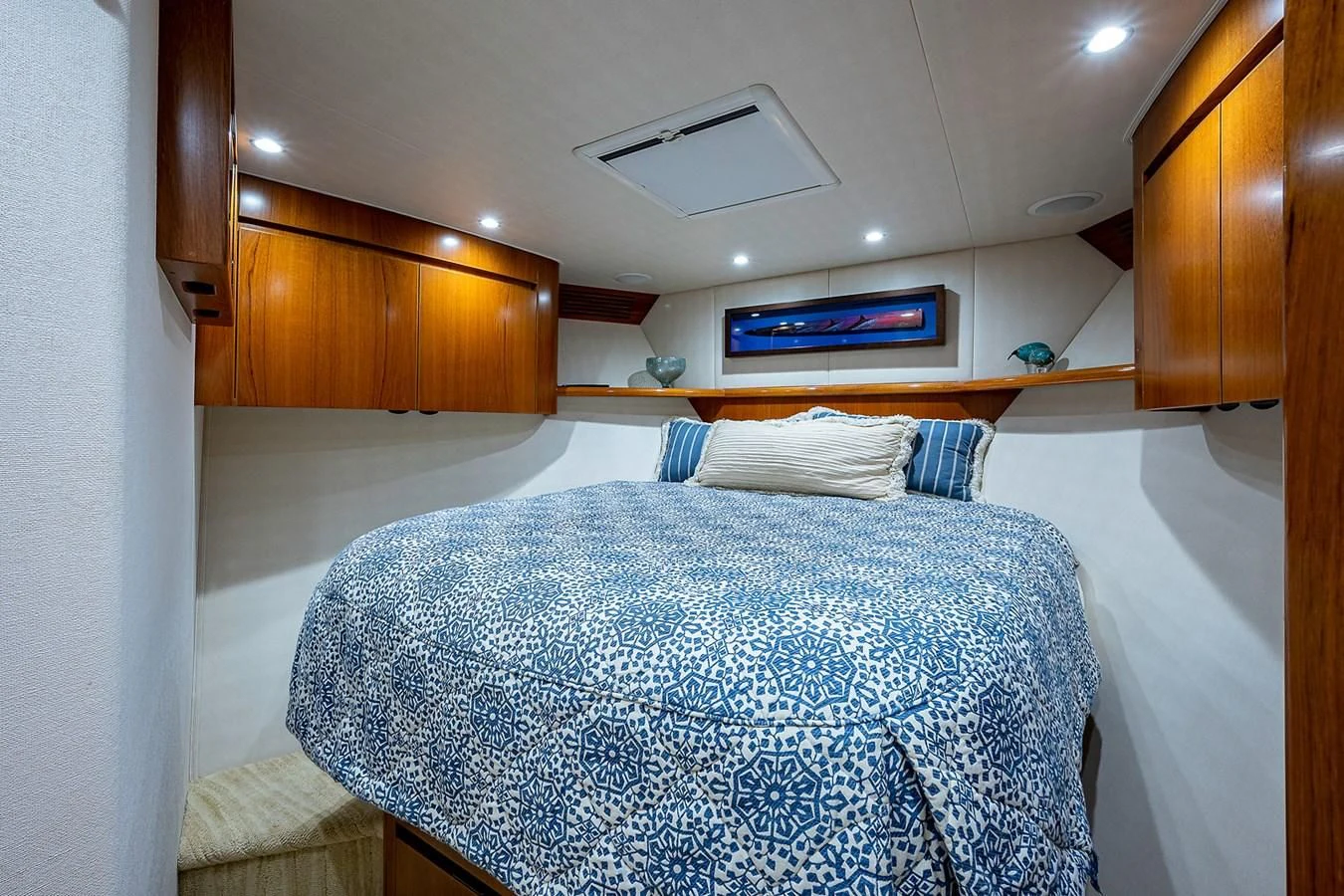 a bed in a room aboard LIFE IS GOOD Yacht for Sale