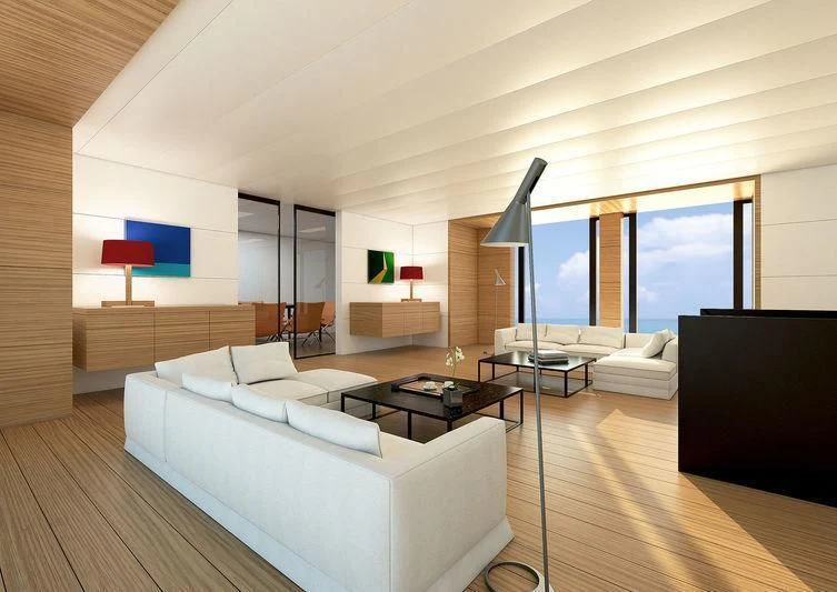 a living room with a large window aboard RENATA Yacht for Sale