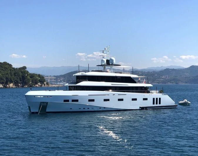 a white yacht on the water aboard RENATA Yacht for Sale