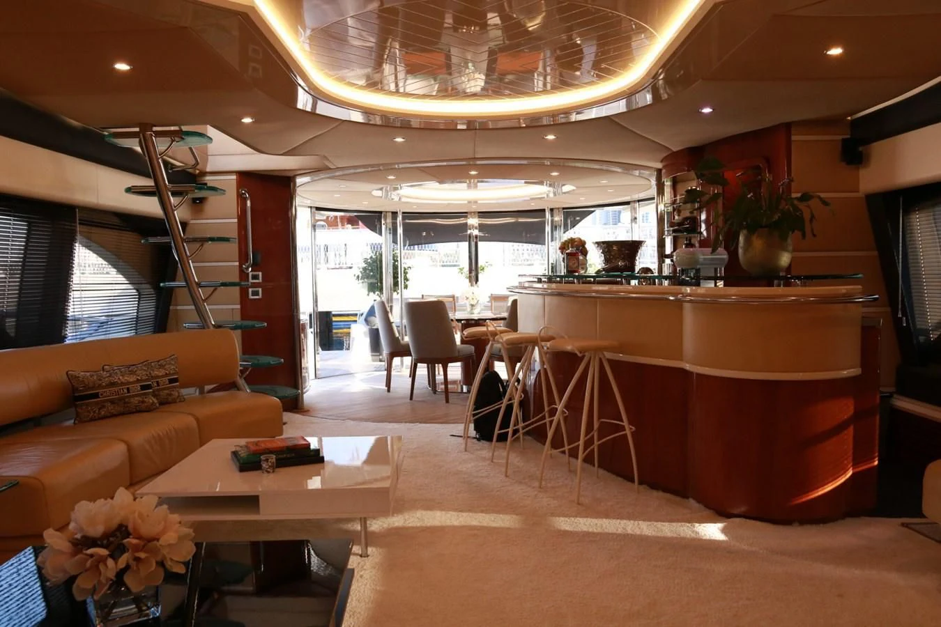 a living room with a large open floor plan aboard SIMONA Yacht for Sale