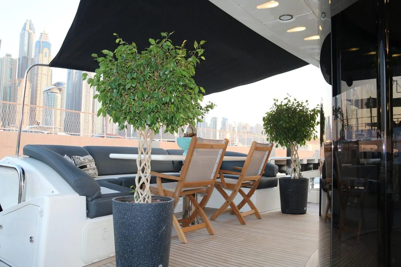 a tree in a pot on a deck aboard SIMONA Yacht for Sale