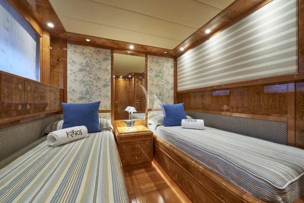a room with two beds aboard KIRIOS Yacht for Sale